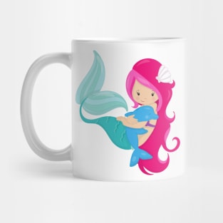 Cute Mermaid, Little Mermaid, Pink Hair, Dolphin Mug